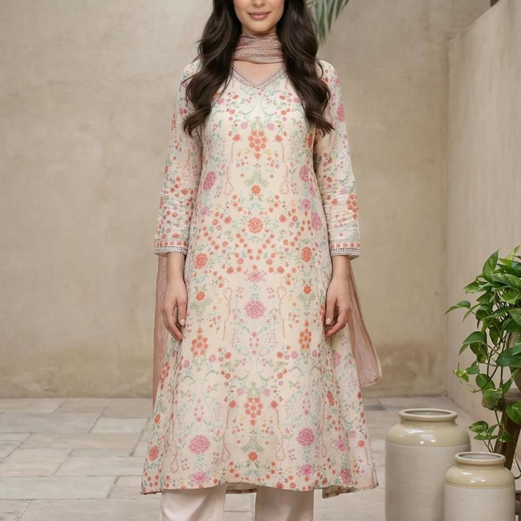Cream Floral Printed Tissue A-Line Kurta with Straight Pant and Dupatta Set