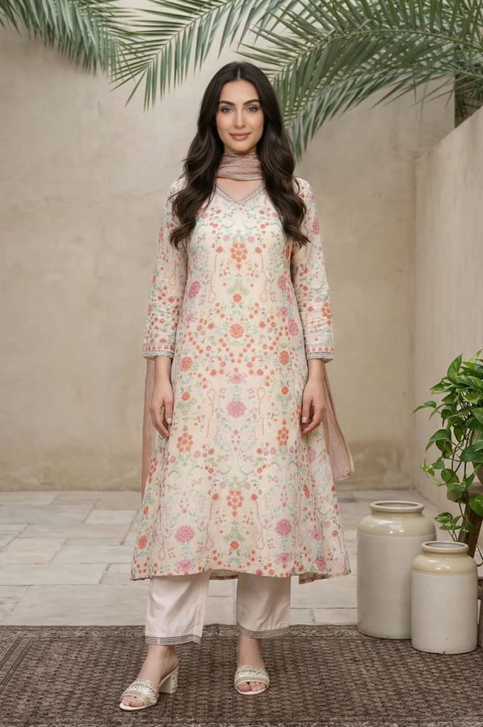 Cream Floral Printed Tissue A-Line Kurta with Straight Pant and Dupatta Set — XS