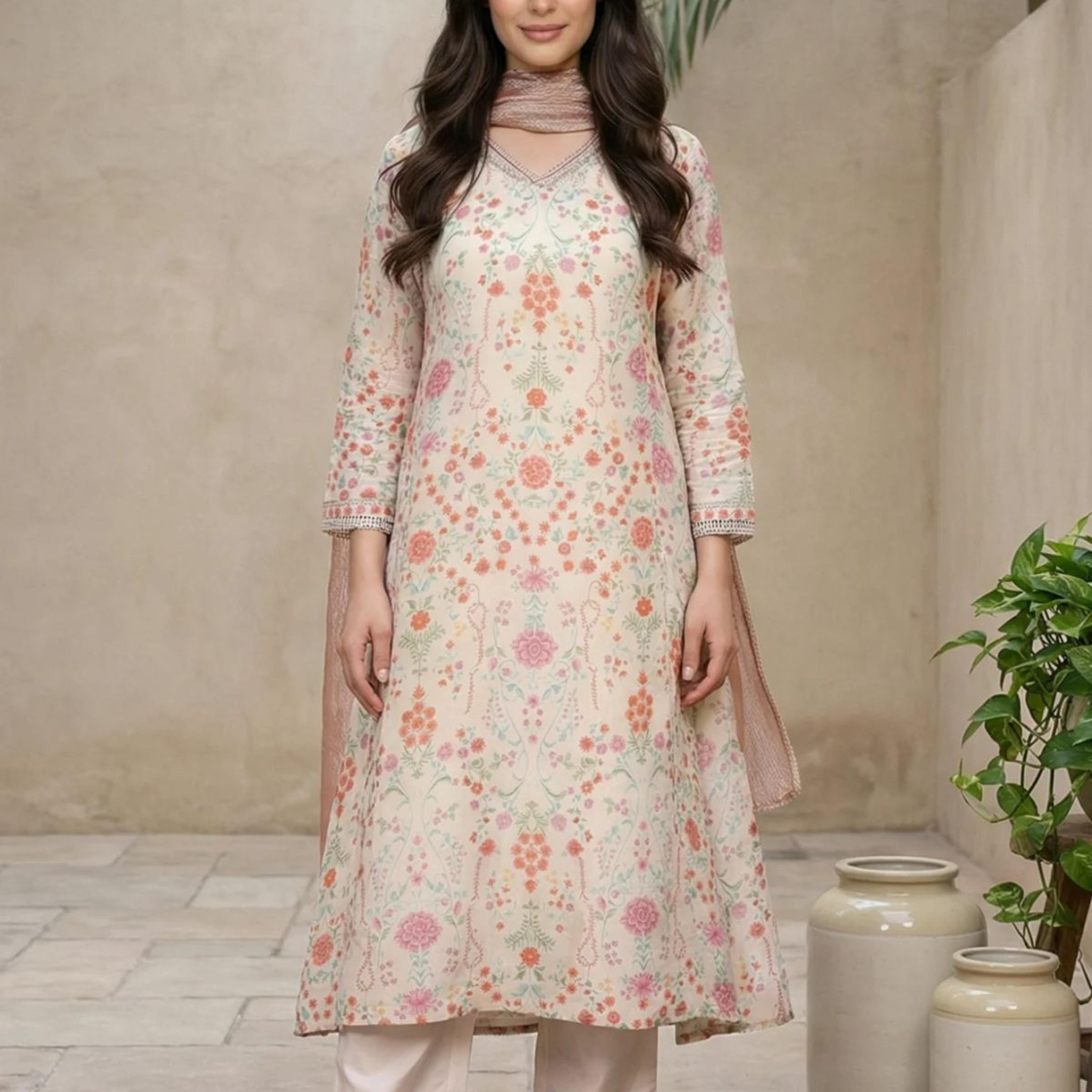 Cream Floral Printed Tissue A-Line Kurta with Straight Pant and Dupatta Set