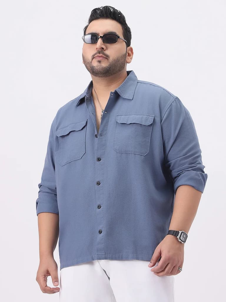 Plus Men's Blue Cotton Full Sleeve Relaxed Fit Shacket with Utility Pockets — photo 2
