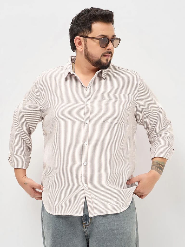 Plus Men's Rust Cotton Full Sleeve Regular Fit Casual Striped Shirt — photo 2