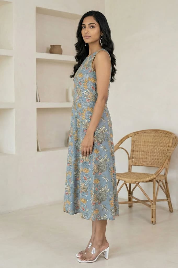 Blue Block Printed Pure Cotton A-line Dress — photo 6