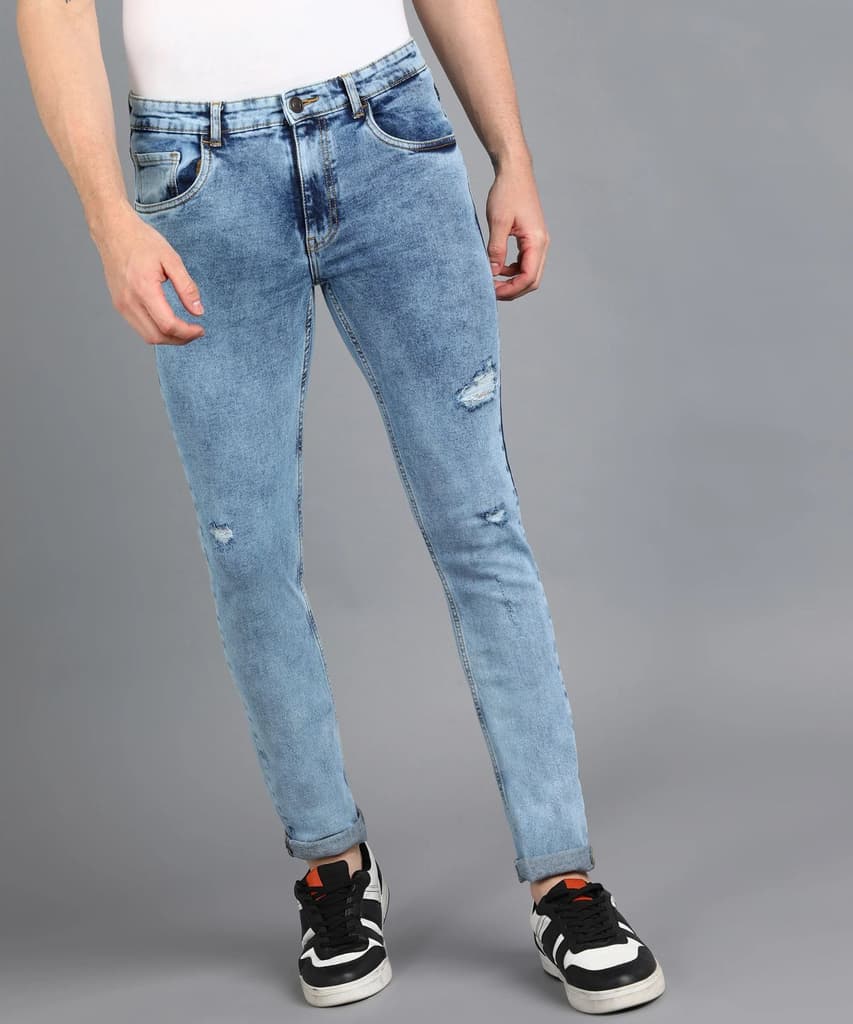 Men's Sky Blue Slim Fit Washed Mild Distressed/Torn Jeans Stretchable — photo 2