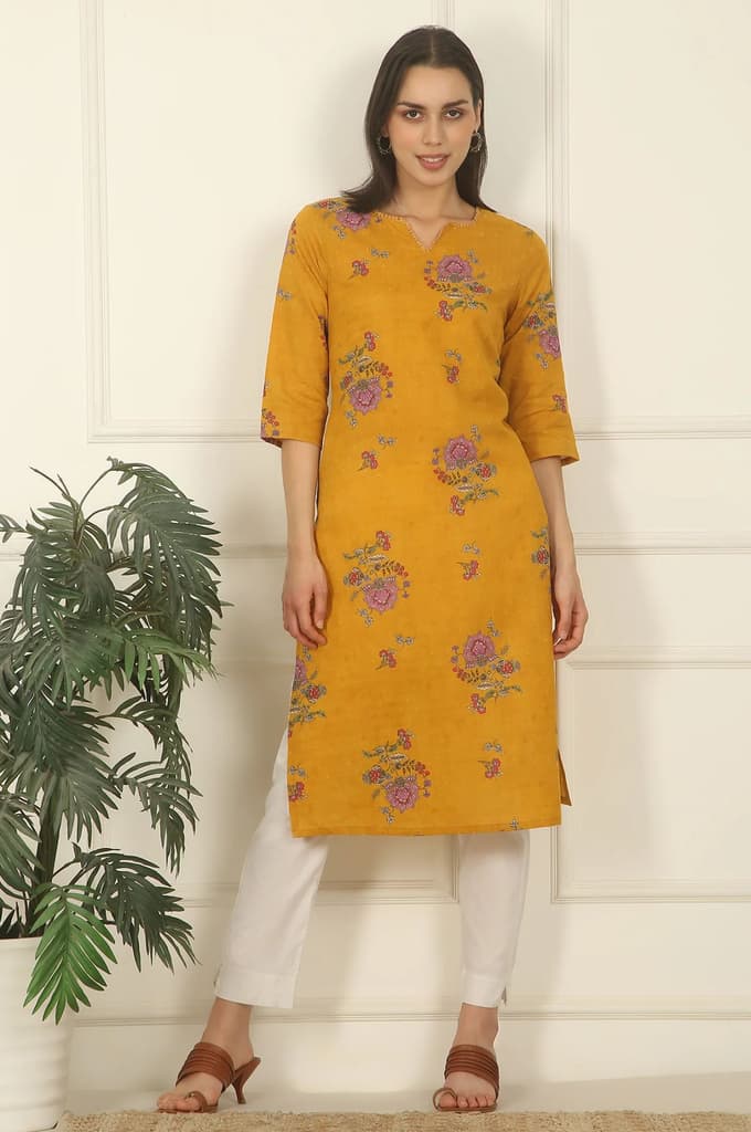 Mustard Yellow Swiss Dot Textured Cotton Straight Kurta — photo 3