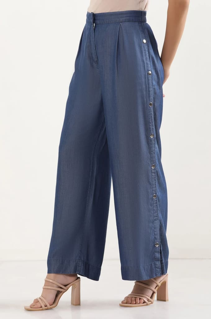 Blue Solid Wide Leg Denim Palazzo With Side Buttons — photo 3
