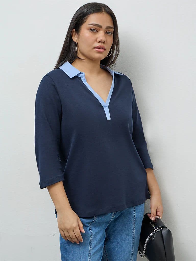Gia Navy Contrast-Detail Cotton T-Shirt