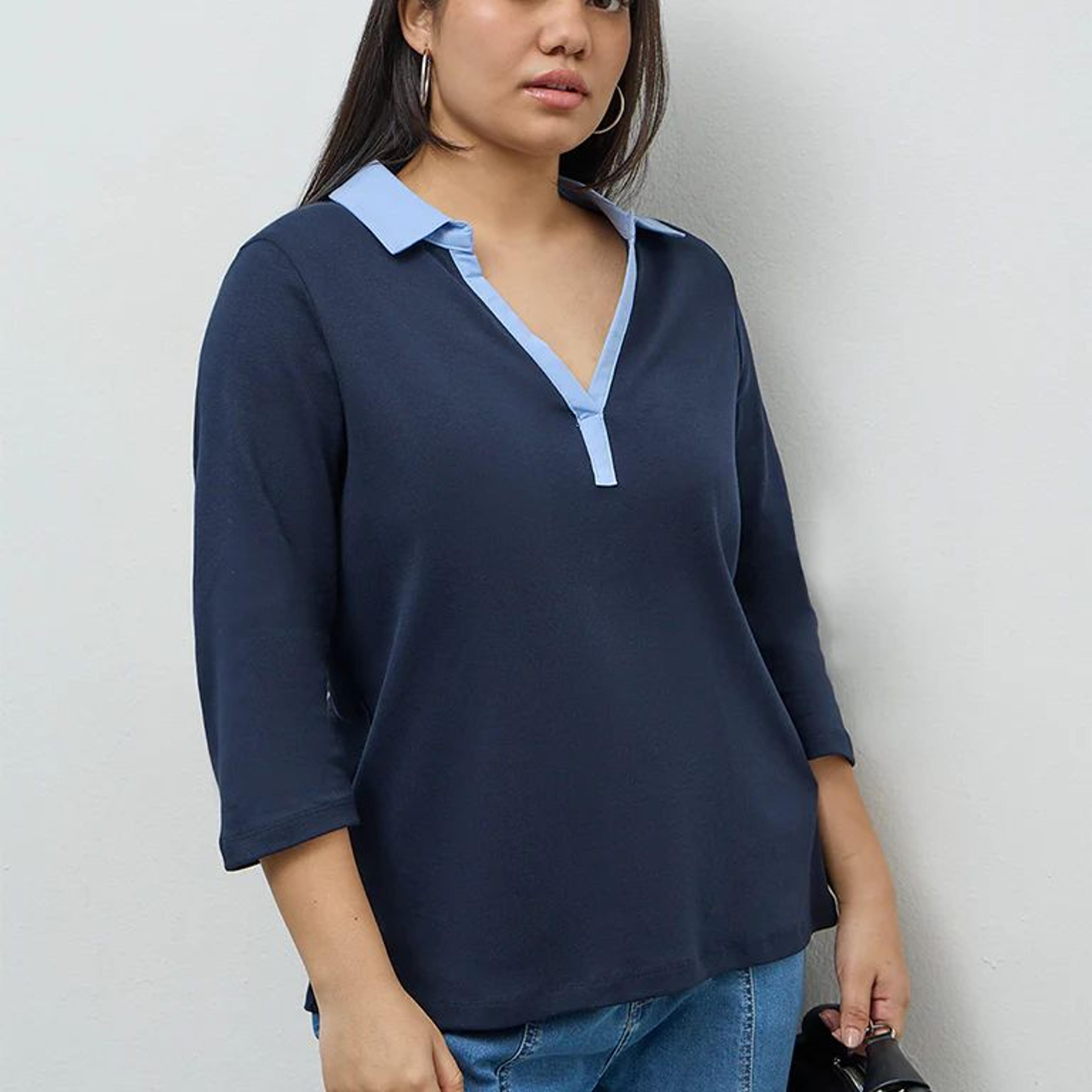 Gia Navy Contrast-Detail Cotton T-Shirt