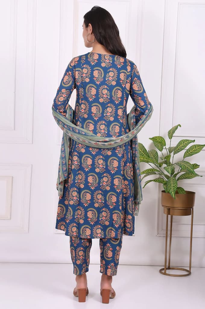Blue Floral Printed Straight Kurta, Pants and Dupatta Set — photo 5