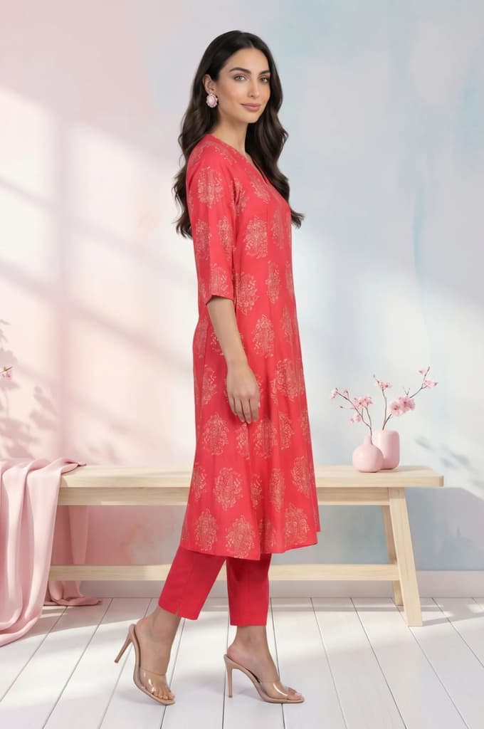 Red Foil Floral Printed Pure Cotton Flared Kurta — photo 6