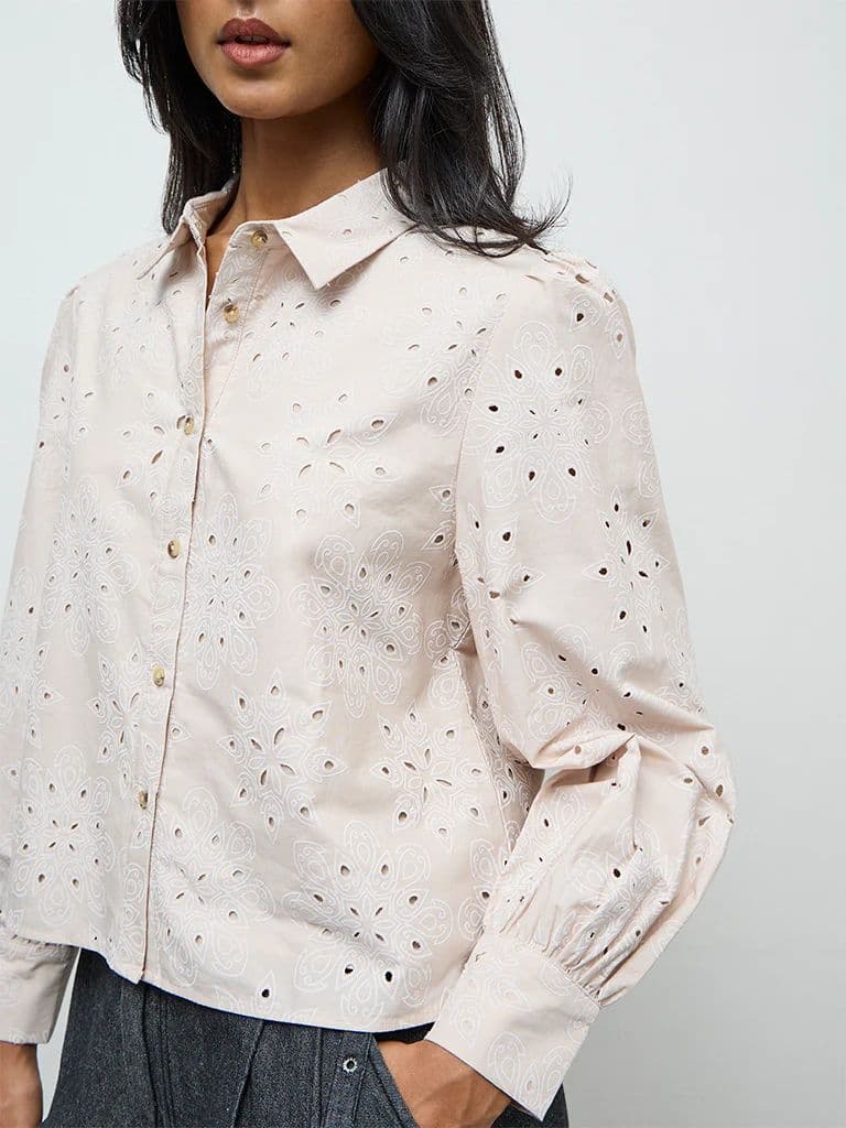 LOV Light Beige Floral Embroidered Cotton Shirt — photo 3