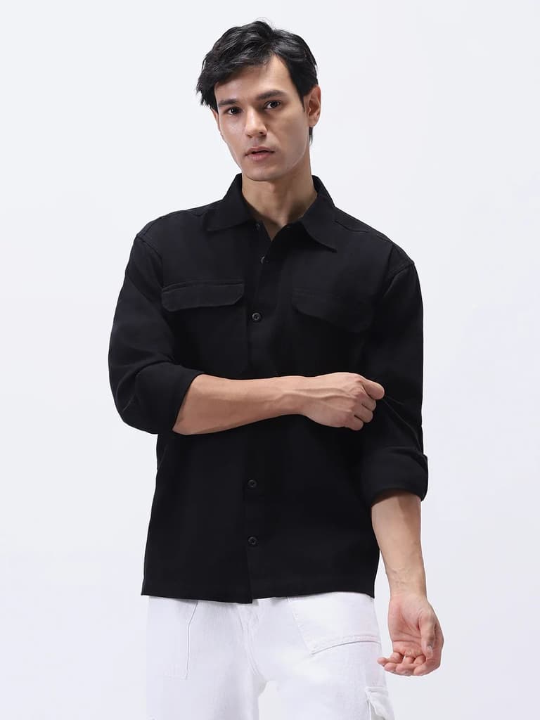 Men's Black Cotton Full Sleeve Relaxed Fit Shacket with Utility Pockets — S / Black