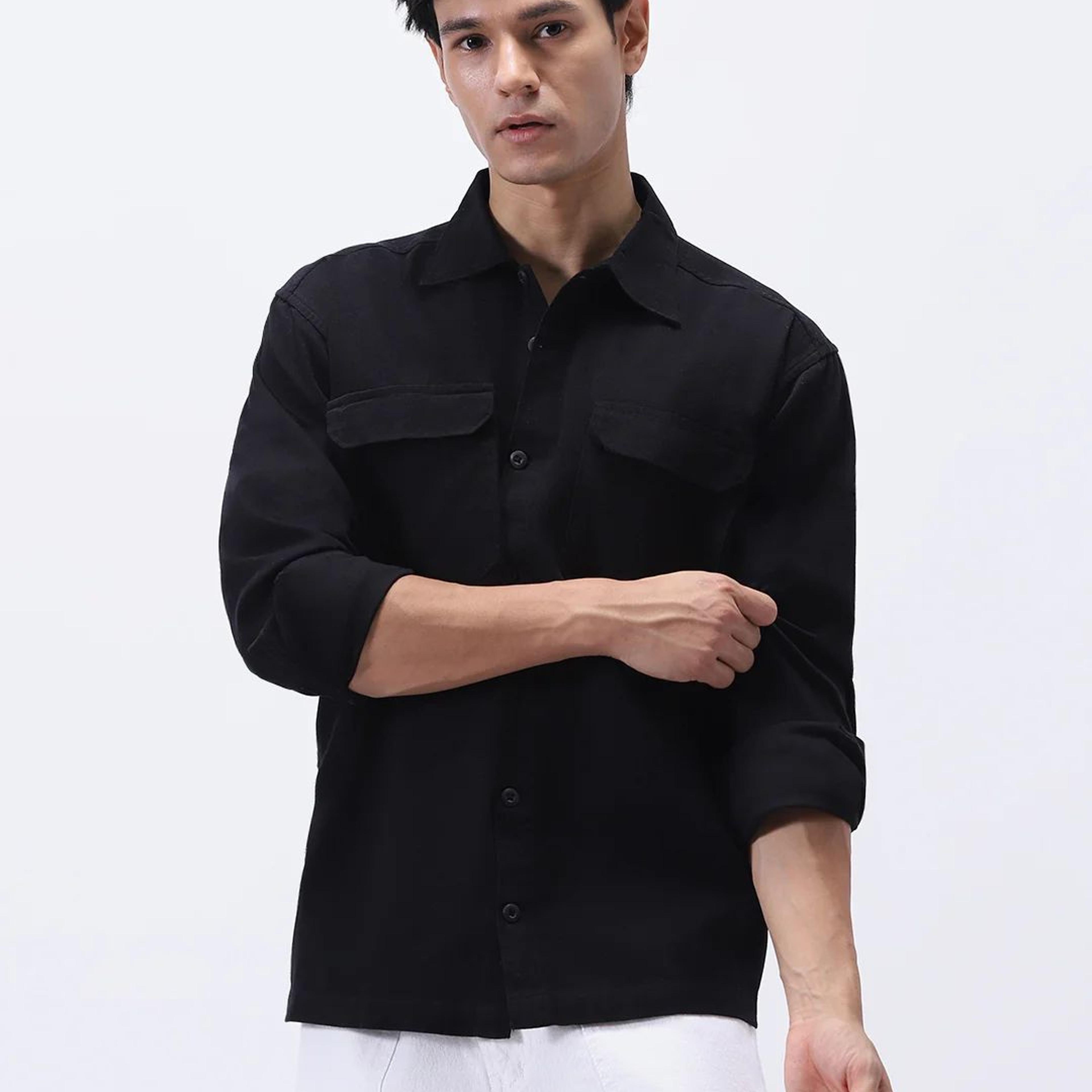 Men's Black Cotton Full Sleeve Relaxed Fit Shacket with Utility Pockets
