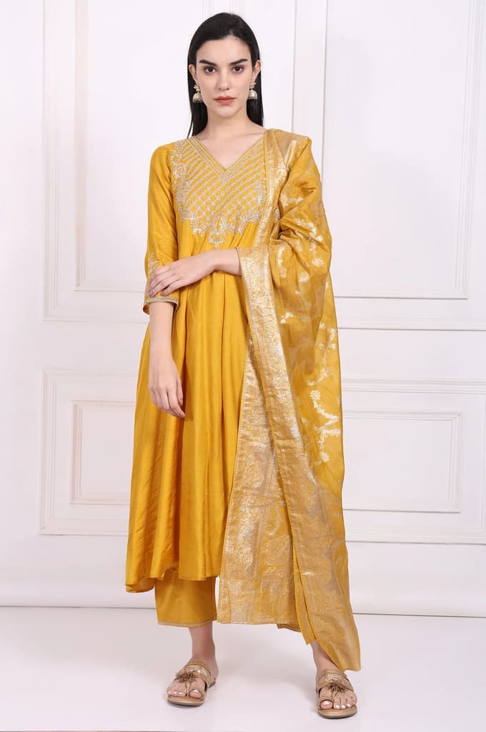 Yellow Embroidered Silk Flared Kurta, Straight Pants and Dupatta Set — photo 2