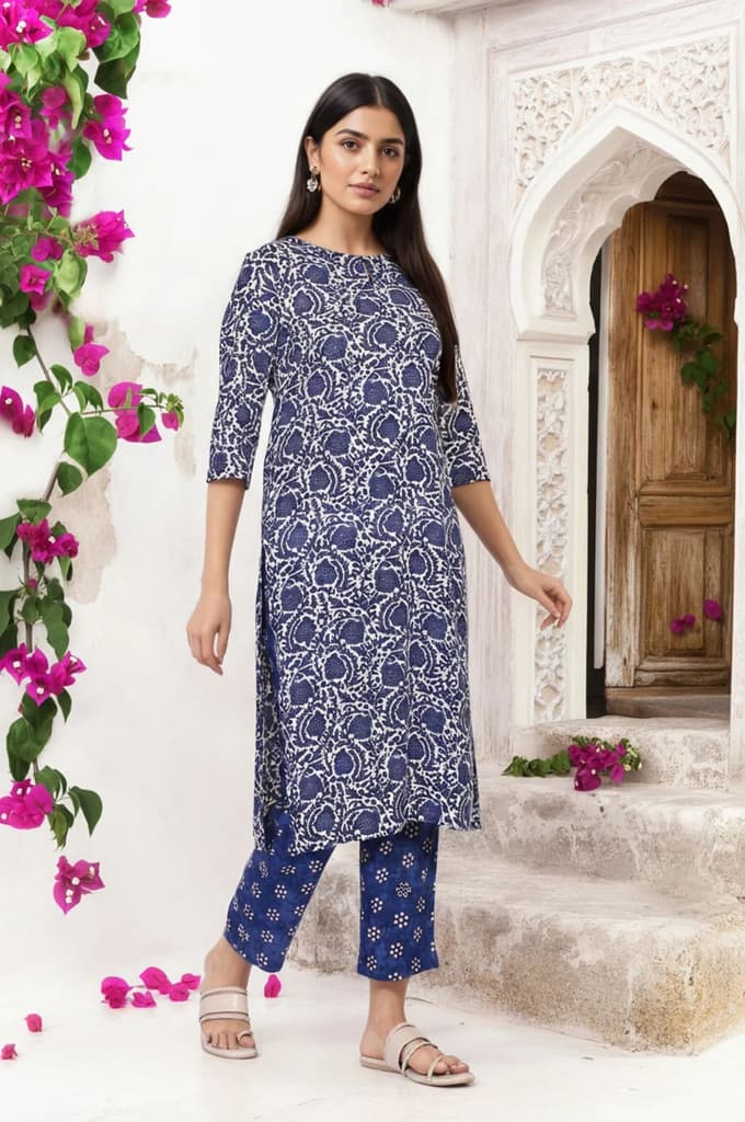 Blue Floral Printed Straight Kurta with Straight Pant and Dupatta Set — photo 4