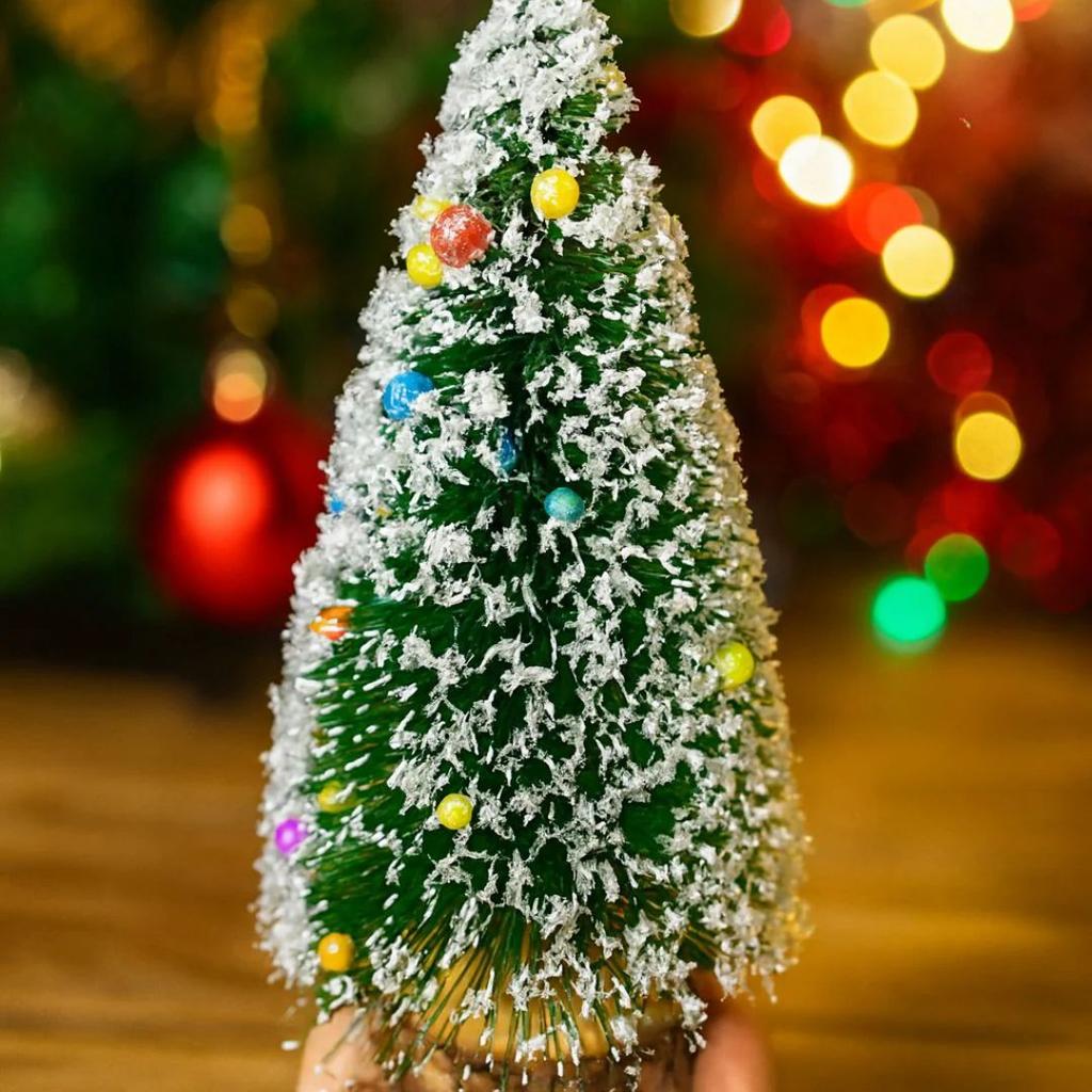 Mini Christmas Bottle Brush Trees with Wooden Base | Tabletop Snowy Pine Decoration