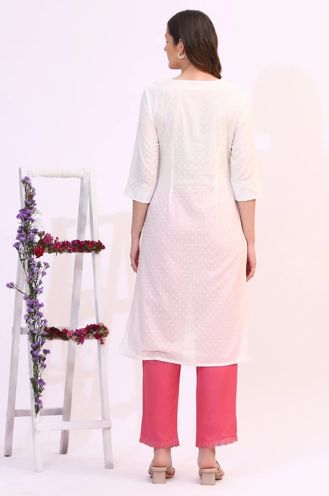 White Mirror Work Pure Cotton Straight Kurta — photo 5