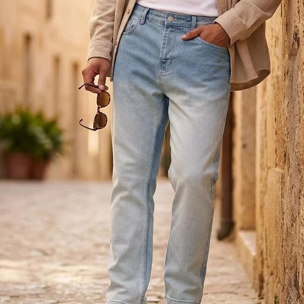 Men's Ice Blue Straight Fit Heavy Washed Faded Denim Jeans Stretchable