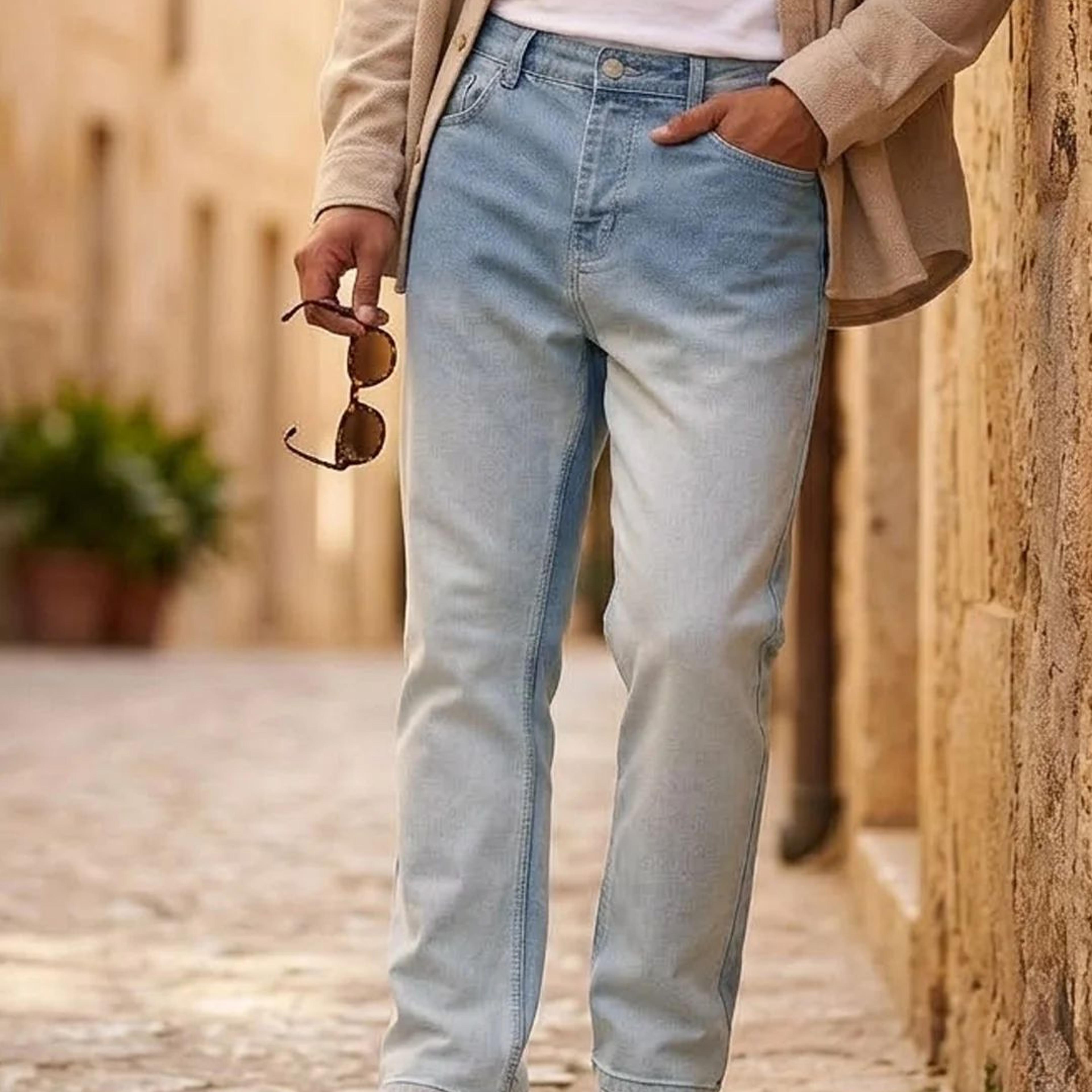 Men's Ice Blue Straight Fit Heavy Washed Faded Denim Jeans Stretchable