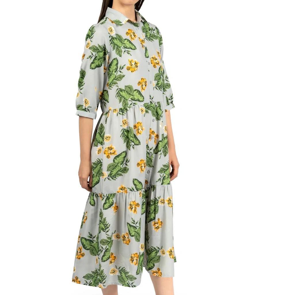 Grey & Green Floral Loose Midi Dress