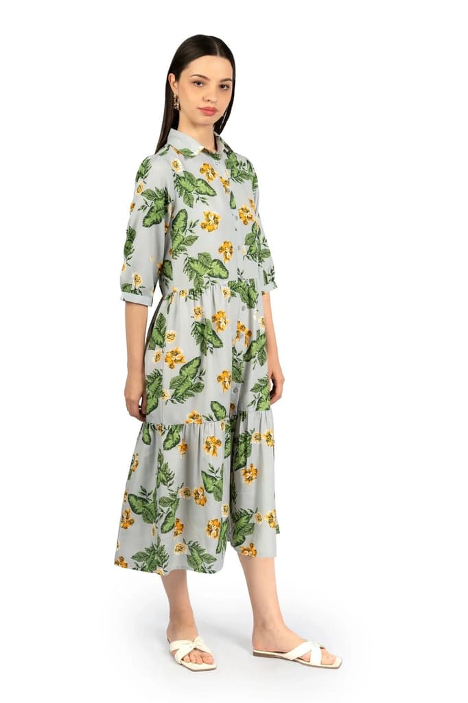 Grey & Green Floral Loose Midi Dress