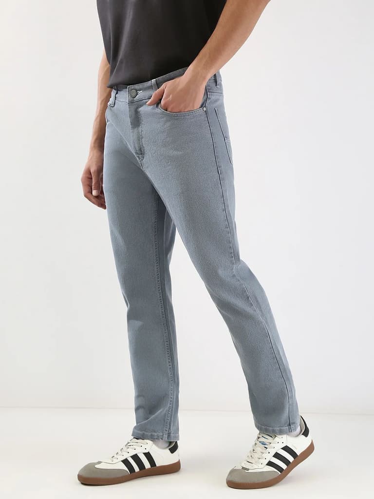 Men's Light Grey Straight Fit Washed Jeans Stretchable — photo 3