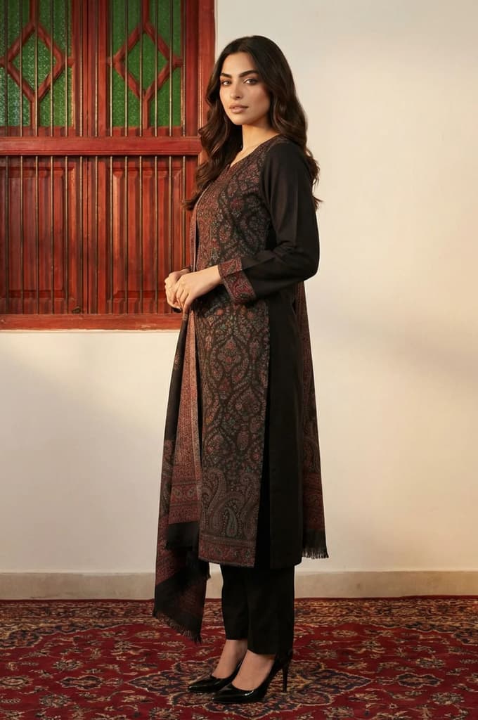Black Paisley Yarn Dyed Winter Straight Kurta with Pants and Dupatta Set — photo 3