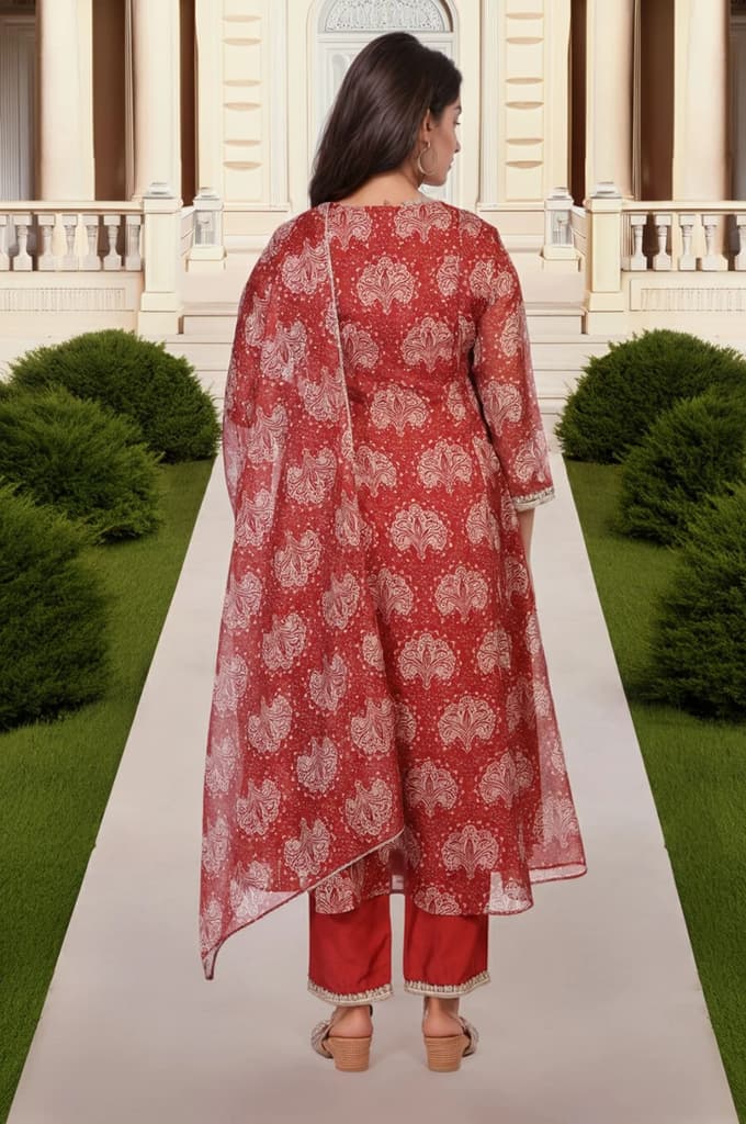 Red Ethnic Motifs Printed Embellished Anarkali Organza Kurta with Straight Pant and Dupatta Set — photo 5