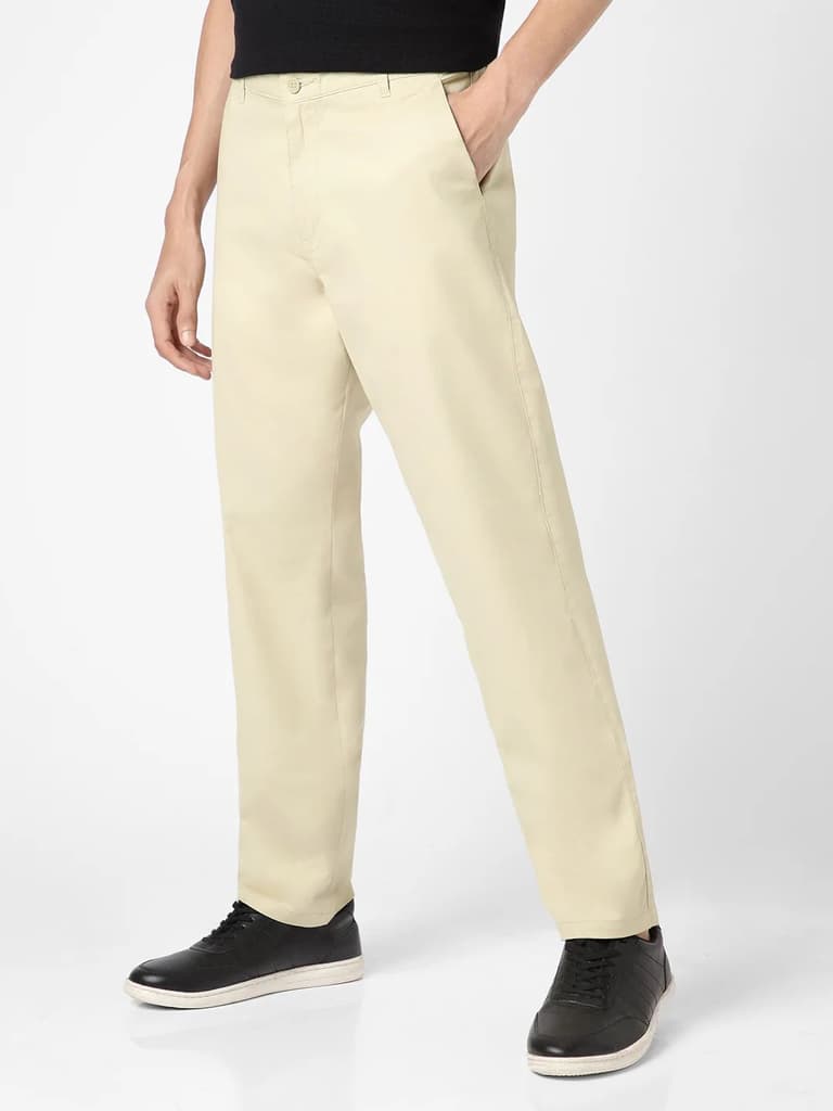 Men's Cream Cotton Regular Fit Casual Chinos Trousers Stretch — photo 2