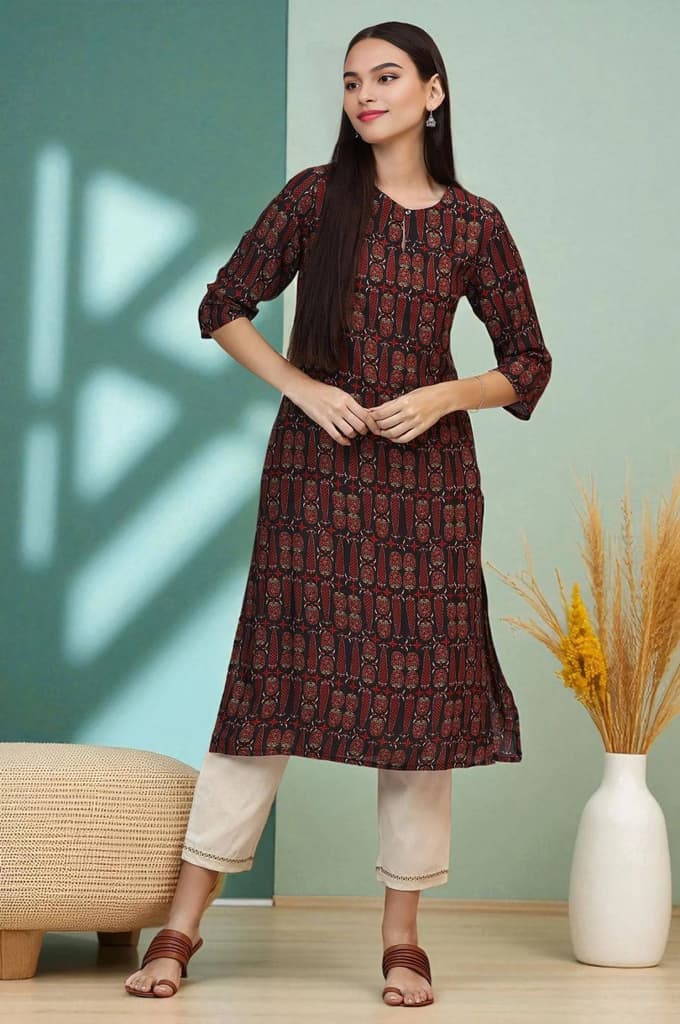 Dark Brown Paisley Printed Modal Straight Kurta — XS