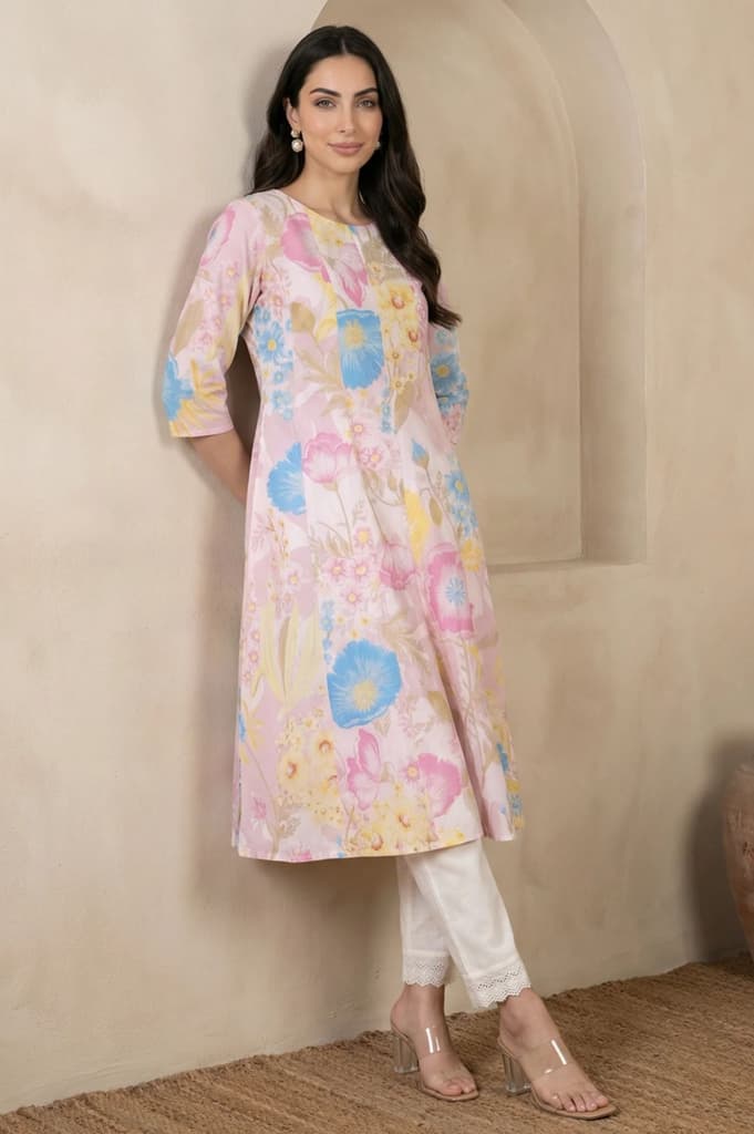 Pink Floral Printed Pure Cotton A-line Kurta — XS