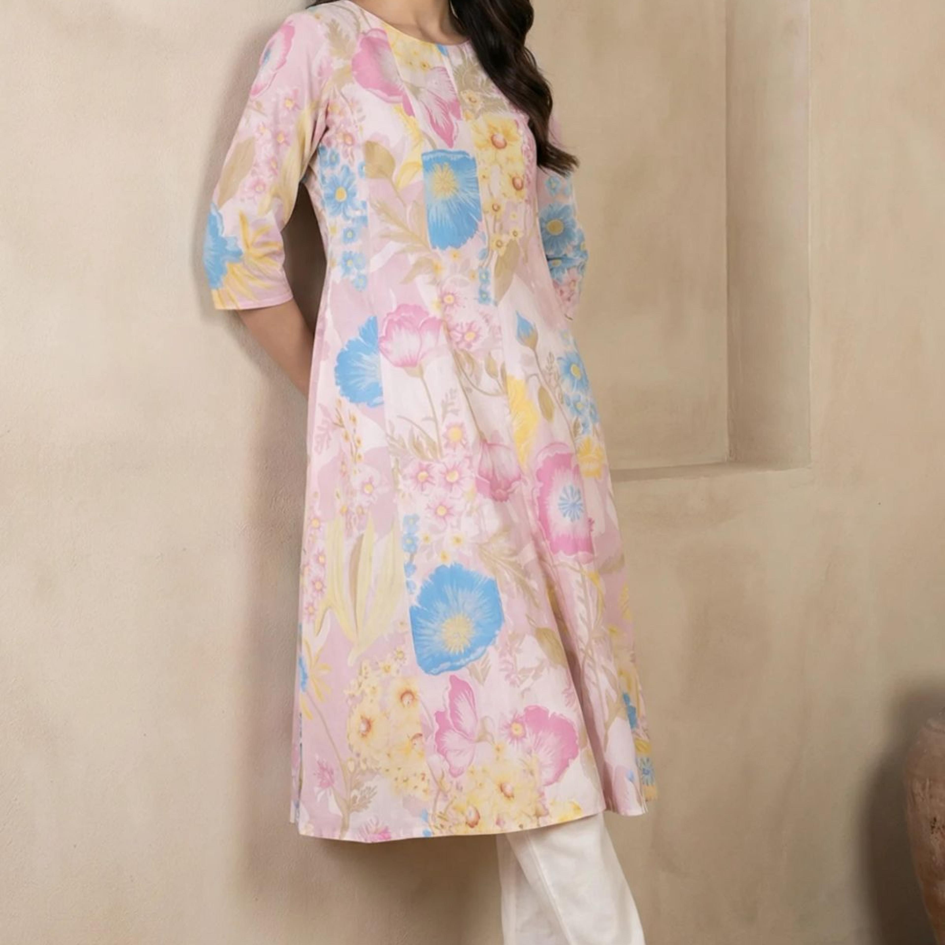 Pink Floral Printed Pure Cotton A-line Kurta