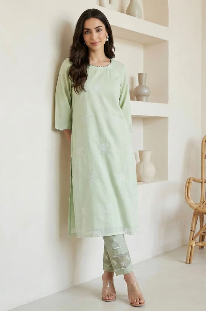 Sea Green Thread Embroidered Straight Kurta — XS