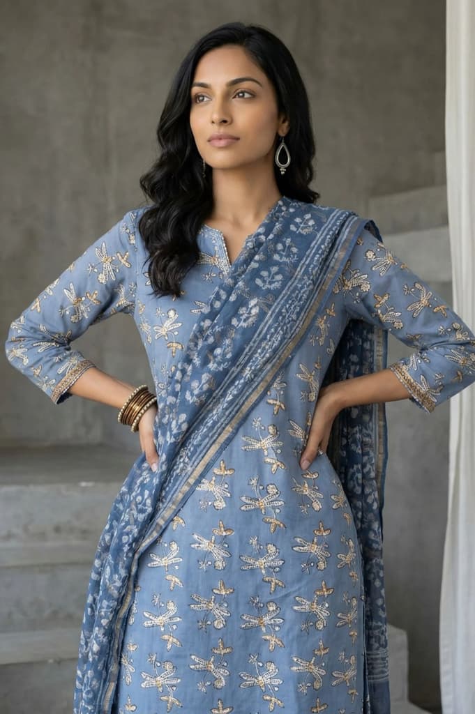Indigo Blue Block Printed Cotton Silk Kota Dupatta with Zari Border — photo 5