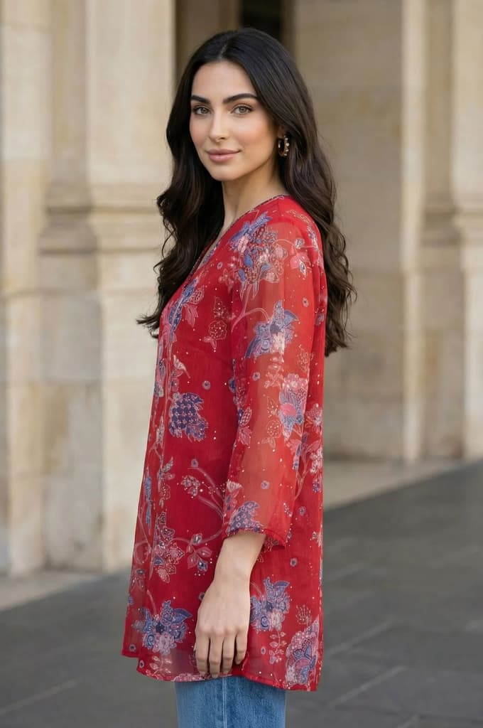 Red Floral Printed Chiffon Straight Top — photo 4