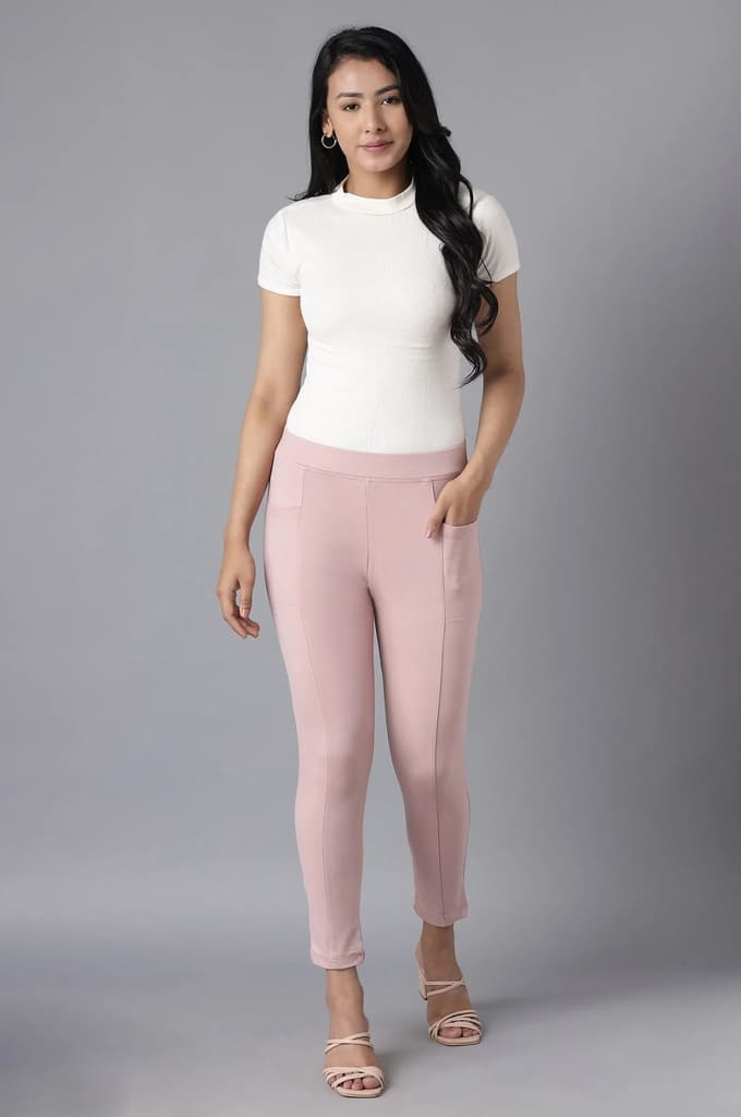 Pink Solid Straight Fit Tights With Elasticated Waist — photo 5