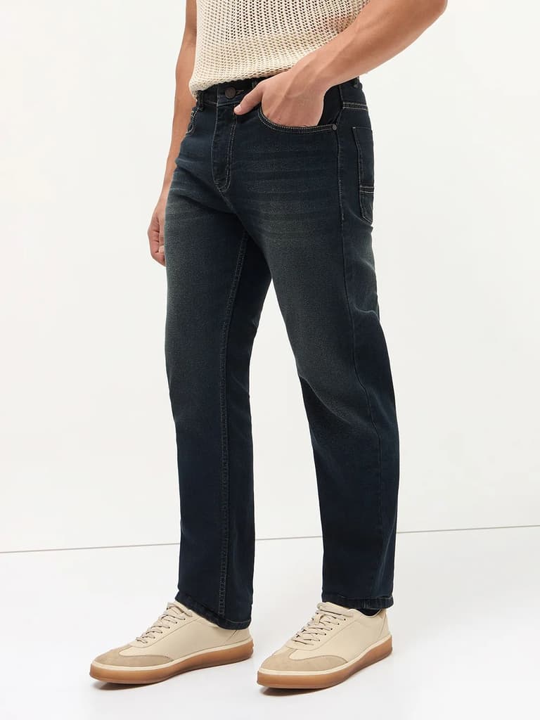 Men's Carbon Blue Regular Fit Whisker Wash Yellow Tint Denim Jeans Stretchable — photo 3