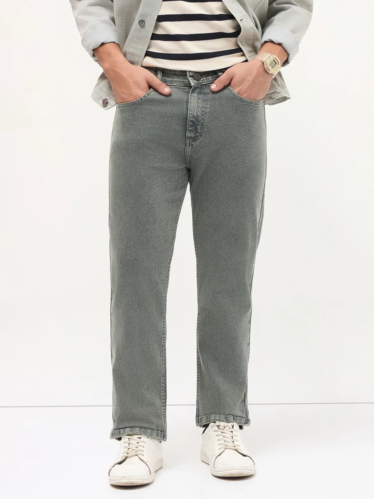 Men's Light Grey Regular Fit Towel Washed Yellow Tint Denim Jeans Stretchable — photo 2