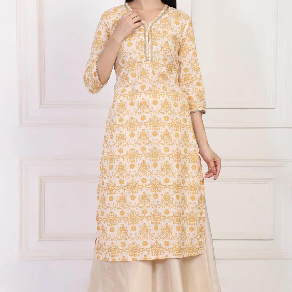 Cream Ethnic Damask Printed Lace Trim Straight Rayon Kurta