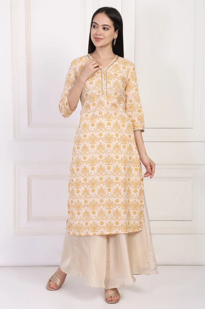 Cream Ethnic Damask Printed Lace Trim Straight Rayon Kurta — XS