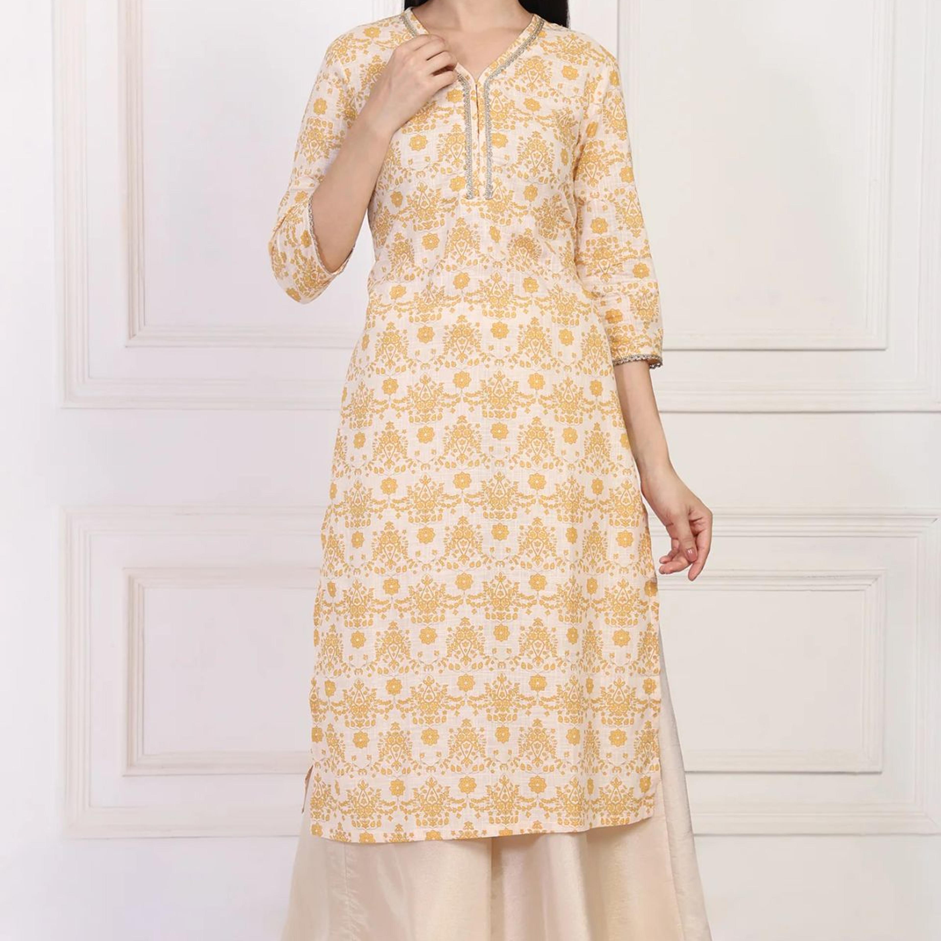 Cream Ethnic Damask Printed Lace Trim Straight Rayon Kurta