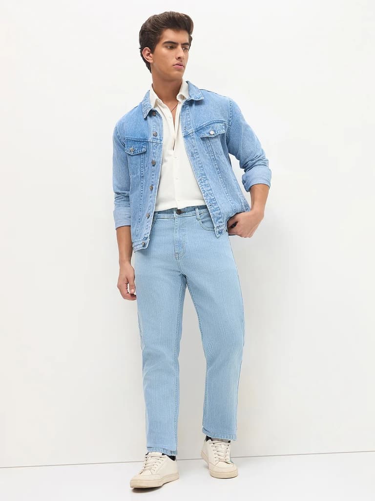 Men's Ice Blue Straight Fit Washed Denim Jeans Stretchable — photo 5