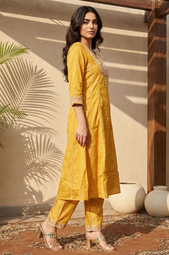 Yellow Floral Embroidered Straight Kurta with Pants and Dupatta Set — photo 6