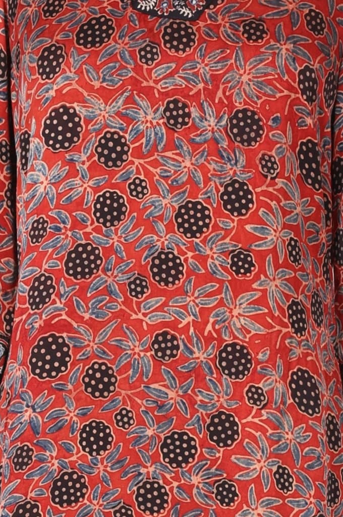 Brick Red Ajrak Printed Mirror Work Modal Satin Straight Kurta — photo 3