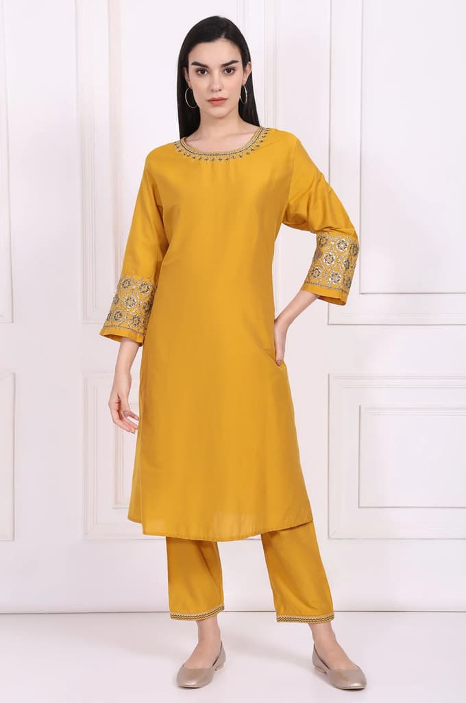 Yellow Embroidered A-Line Rayon Kurta with Straight Pant