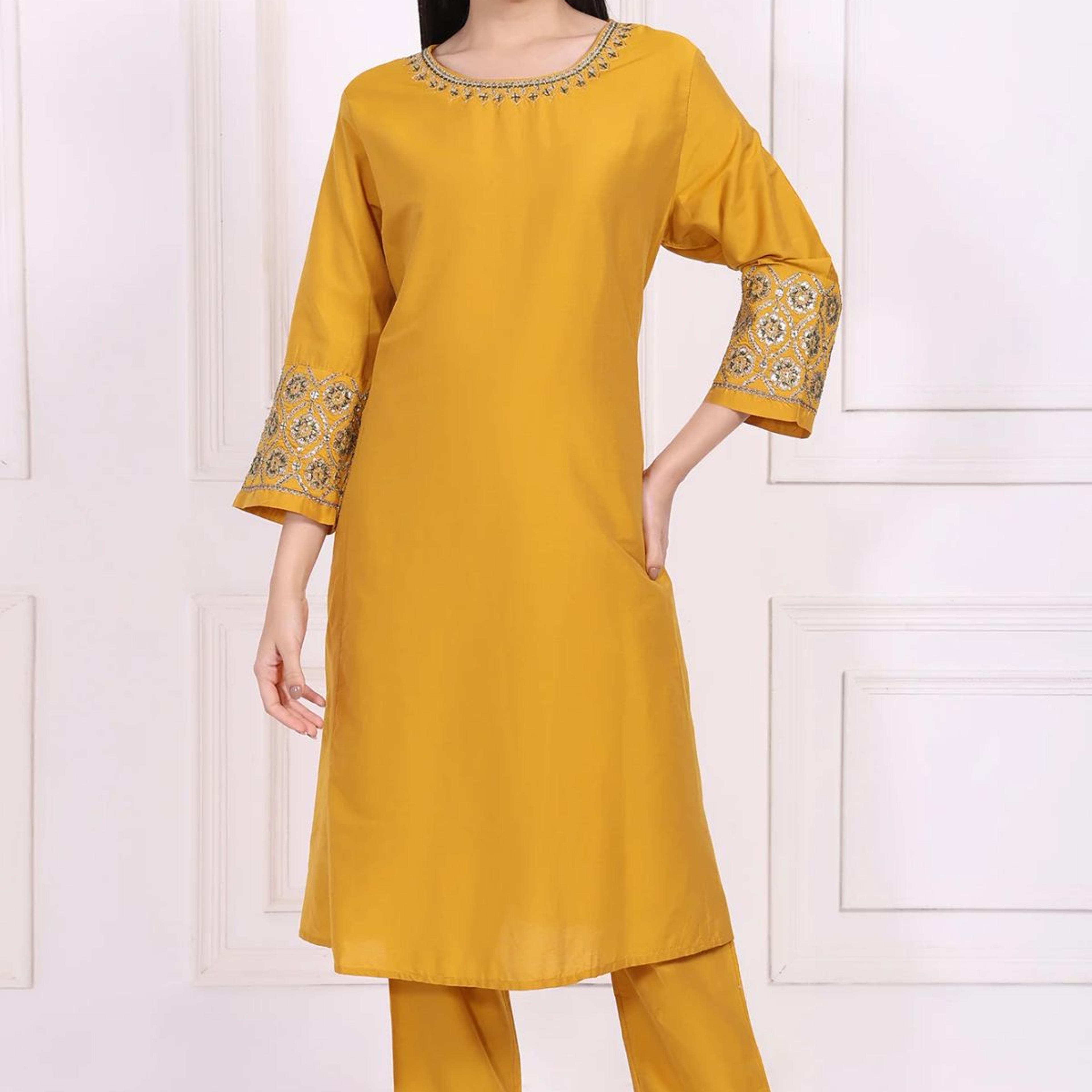 Yellow Embroidered A-Line Rayon Kurta with Straight Pant