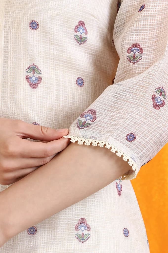 Light Beige Floral Printed Straight Kota Kurta, Pants and Dupatta Set — photo 8