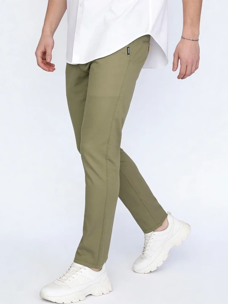 Men's Light Olive Straight Fit Mid Rise Cotton Casual Chinos Trousers Stretch — photo 2