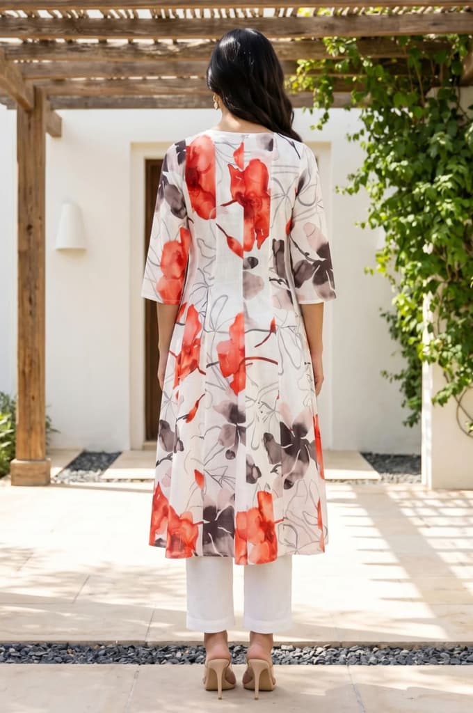 Off White Floral Printed Cotton Flax Flared Kurta — photo 5