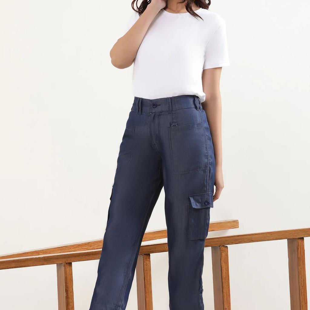 Blue Solid Straight Fit Lyocell Pants With Six Pockets