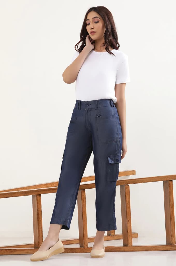 Blue Solid Straight Fit Lyocell Pants With Six Pockets